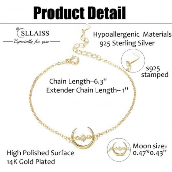 14K Gold Plated Moon Bracelet 925 Sterling Silver Crescent Moon Star Charm Bracelet Gift For Women 14K Gold Plated Moon Bracelet 925 Sterling Silver Crescent Moon Star Charm Bracelet Gift For Women